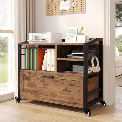 HSH Mobile Lateral File Cabinet with Drawer, Rolling Filing Cabinet with Storage Shelves & Hanging File Folders, Wooden Metal Printer Stand Fits A4 Letter Legal Size for Home Office, Rustic Brown,33In