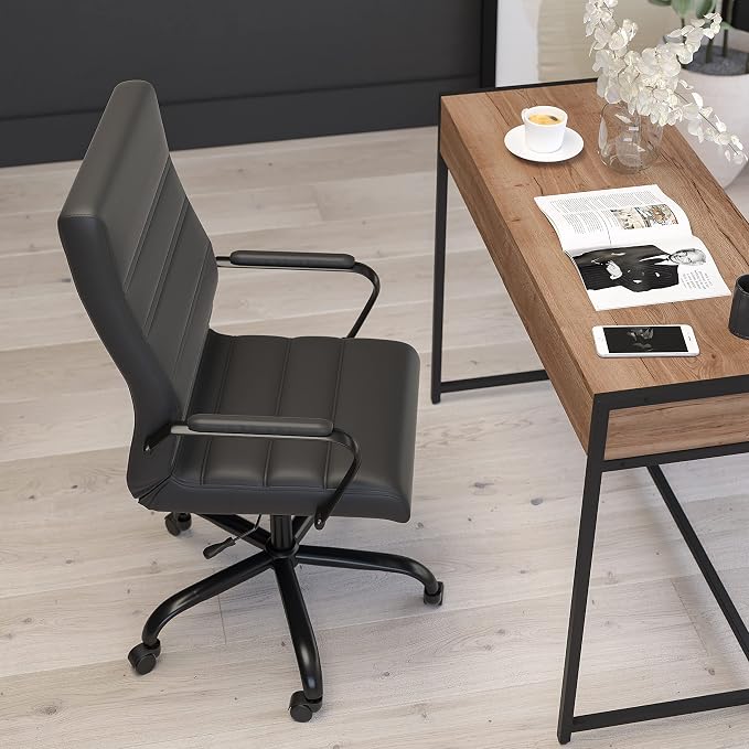 Merrick Lane Milano Contemporary High-Back Black Faux Leather Home Office Chair with Padded Black Arms