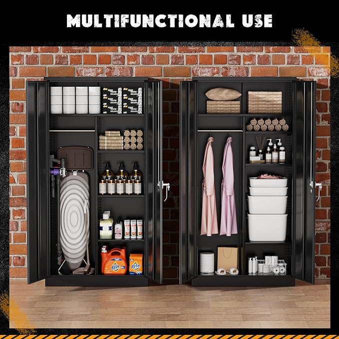 Greenvelly Metal Storage Wardrobe with 2 Doors, Black 72” Steel Storage Wardrobe Cabinet, Employees Locker Closet Clothing Coat Steel Wardrobe Cabinet with Hanging Rod for Garage, Gym, Home Office