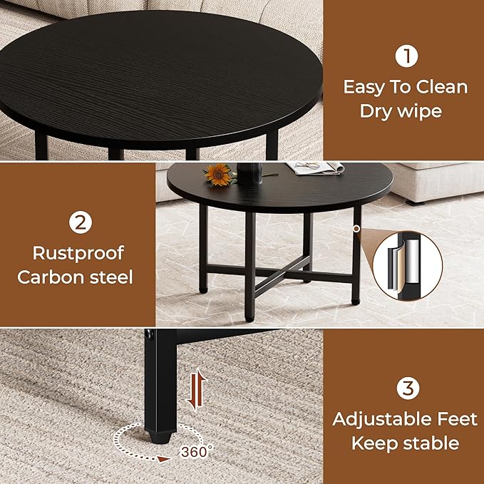 Coffee Table, 23.6" Small Coffee Tables, Black Round Coffee Tables for Living Room, Floor Table for Sitting on The Floor, Center Coffee Table with Metal Frame for Office Apartment Home
