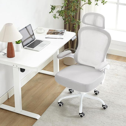 Ergonomic Office Chair,Ultra Thick Office Desk Chair with Adjustable Lumbar Support and Headrest,Spring Cushion,Rocking Function,Flip-up arms,Mesh Computer Chair for Home Office,Grey