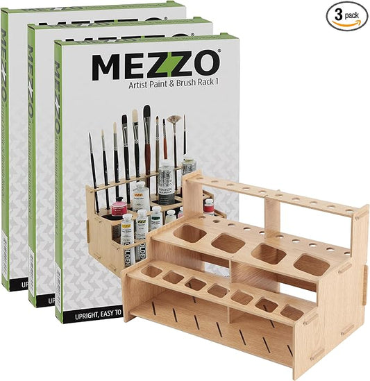 HG Art Concepts Mezzo Artist Paint and Brush Racks - Wood Grain Laminate Multi Layer Desk Stand Professional Storage Display Organizer for Paintbrushes and Tubes - Straight Rack 1, 3 Pack