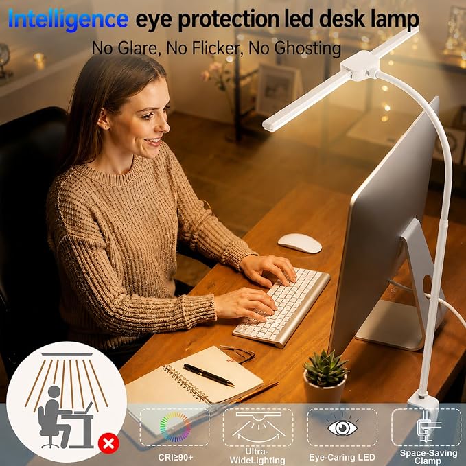LED Desk Lamp for Home Office, Eye-Care Architect Light with Clamp, Double Head Computer Monitor Table Light with 3 Color Modes 10 Brightness, Adjustable for Reading, Study, Drafting, Workbench, White