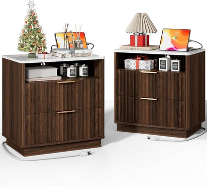 Fluted Nightstand, Night Stand Set 2, 23" Wide Walnut Nightstands Set of 2 with Charging Station & Faux Marble Top, 2 Drawer Large Wooden End Table, Bedside Table for Bedroom,Curved Corners