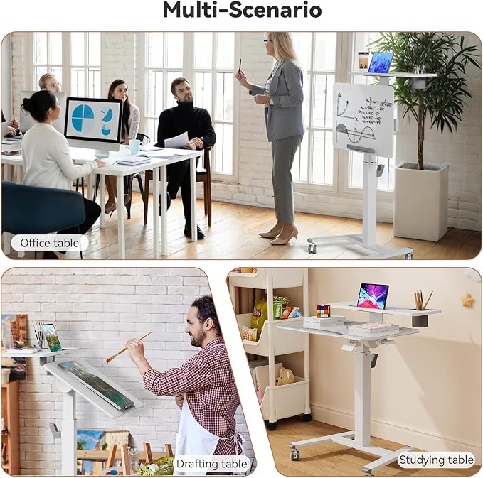 28Inch Glass Mobile Standing Desk On Wheels， Rolling Laptop Stand with Tiltable Desktop， Small Computer Workstation Adjustable Height， 2-Tier Portable Study Table with Storage Shelf， White