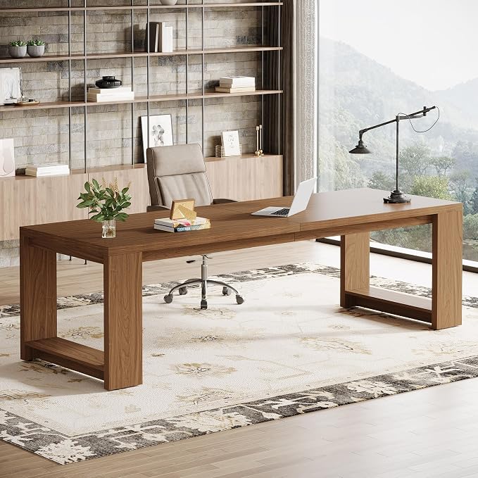 Tribesigns Two Person Desk, 86.6-Inch Extra Long Desk, Double Computer Writing Table, Wood Large Desks Workstation for Home Office, Walnut