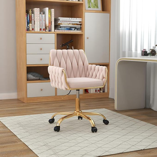 Velvet Home Office Chair, Modern Height Adjustable Cute Vanity Chair, 360° Swivel Makeup Chair with Golden Base and Hand Woven Backrest for for Bedroom/Study/Vanity(Light Pink)