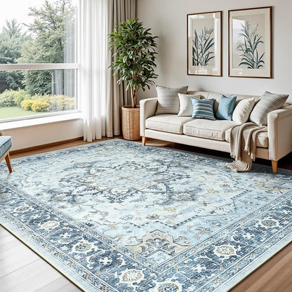 Lofus 6x9 Area Rugs for Living Room, Machine Washable Non-Slip Area Rug, Low Pile Large Rugs for Bedroom, Kitchen, Dining Room, Home Office, Vintage Oriental Print Rug, Blue Gold
