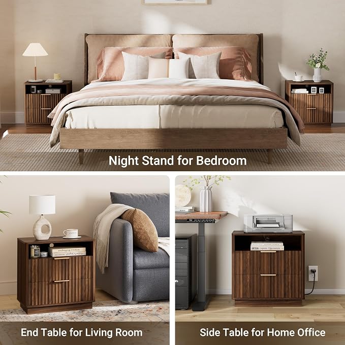 Fluted Nightstand, 23" Wide Night Stand, Walnut Nightstand with Charging Station, 2 Drawer Wooden End Table w/Storage, Large Modern Bedside Table for Bedroom Sofa Home Office,Curved Corners