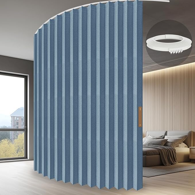 JILRON Accordion Partition Curtain with Ceiling Track - Space-Saving Room Divider, Tool-Free Installation(Blue 100" W x 96" L-Pack of 1)