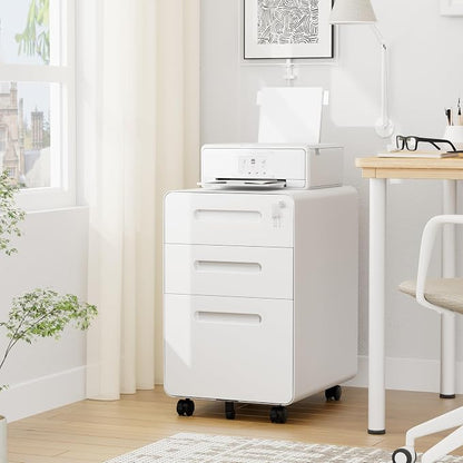 3 Drawers File Cabinet, Mobile Filing Cabinet with Lock, Steel, Fully Assembled Except Casters, for Home Office, for A4, Letter, Legal File Folders, White