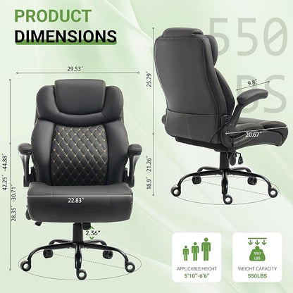 Office Chair, Big and Tall Executive Chairs with Lumbar Support for Back Pain, Breathable Desk Computer Chair with Adjustable Flip-up Armrests, Wide Cushion Swivel Home Office Chair Black PU