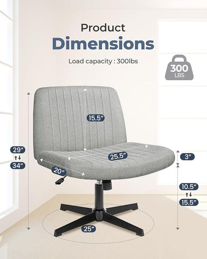 NEO Chair Criss Cross Chair No Wheels, Armless Cross Legged Office Desk Chair, Vanity Makeup Fabric Computer Comfy Adjustable Swivel Ergonomic Living Bedroom for Home Office (Fabric Grey)
