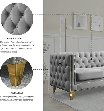 mikibama 80.5" Velvet 3 Seater Sofa Couch for Living Room,Button Tufted 3-Seat Couches with Nailhead Trims,Modern Upholstered Sofas with Golden Metal Legs for Bedrooom,Office
