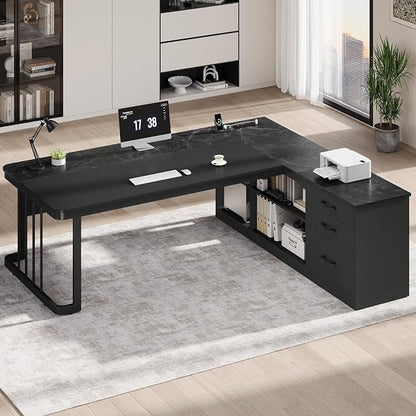 UPOSOJA 71" Executive Desk, Large Office Desk with Drawers & Storage Shelves, Modern L Shaped Computer Desk Corner Desk with Power Outlets, File Cabinet, Business Furniture Desk Workstation (Black)