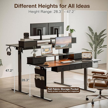 71x32″ Electric Standing Desk with 5 Drawers, Sit Stand Desk with Power Outlets, Monitor Shelf, RGB LED Lights and Cable Management, Height Adjustable 28.3"-47.2" for Home & Office, Black