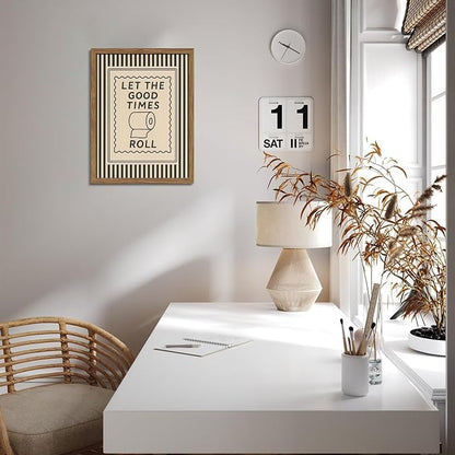 Framed Let The Good Times Roll Bathroom Print, Vintage Funny Toilet Quote Canvas Wall Art, Stripes Bathroom Picture Poster, Downstairs Toilet Painting Wall Decor 16x24 inch