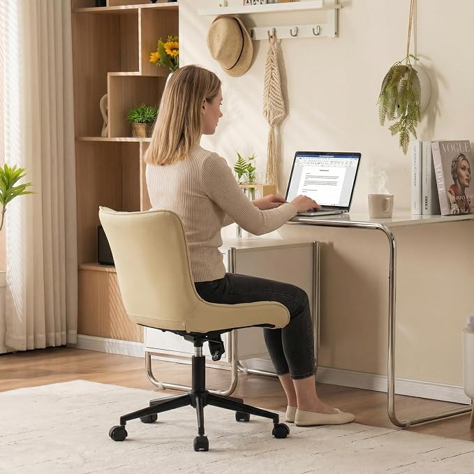 YOUNIKE Office Chair, Armless Desk Chair with Wheels, Adjustable Swivel Home Office Computer Task Chairs, Modern Faux Leather Padded Vanity Chair with Back, Beige