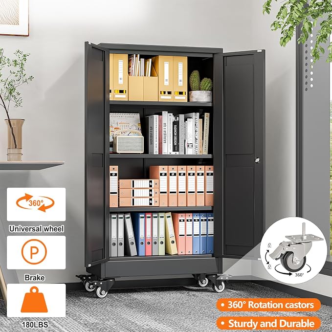 pozdeg 45.6" Metal Garage Storage Cabinets with Wheels, Lockable Rolling File Cabinets with 2 Doors and 3 Adjustable Shelves, Steel Tool Organizer Locker for Office Home Garage Gym School, Black