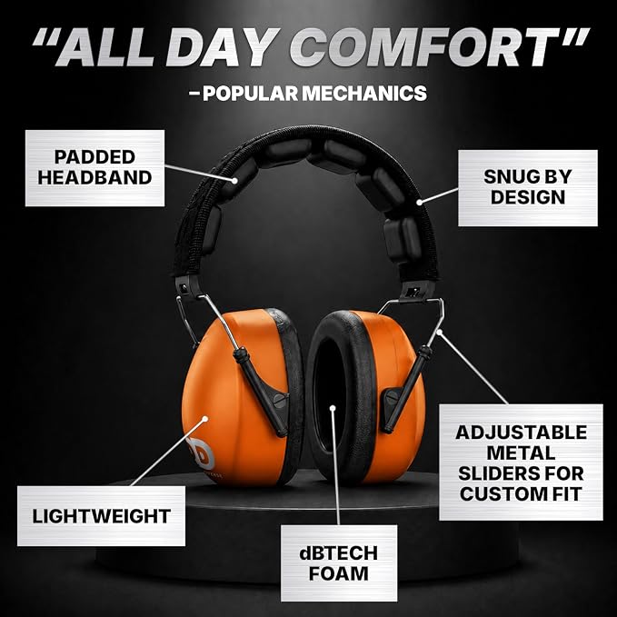 DECIBEL DEFENSE Professional Safety Ear Muffs 37dB NRR - The HIGHEST Rated & MOST COMFORTABLE Ear Protection For Shooting & Industrial Use - THE BEST HEARING PROTECTION GUARANTEED (HI-VIZ ORANGE)