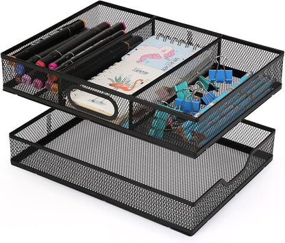 Office Drawer Organizer, 2 Pack Metal Mesh Desk Draw Divider, Versatile Desktop Organizer Tray to Keep Supplies Tidy and Easy to Access, Stackable A4 Paper Holder Tray
