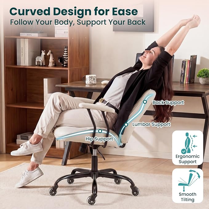 NEO CHAIR Ergonomic Leather Office Desk Chair with Adjustable Armrests Mid Back Lumbar Support Swivel Executive Computer Chair with Wheels Comfy Home Office Chair for Adults (Ivory)