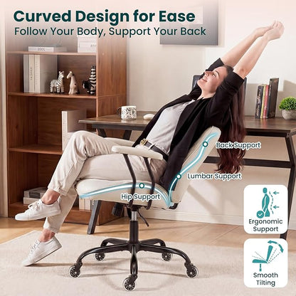 NEO CHAIR Ergonomic Leather Office Desk Chair with Adjustable Armrests Mid Back Lumbar Support Swivel Executive Computer Chair with Wheels Comfy Home Office Chair for Adults (Ivory)