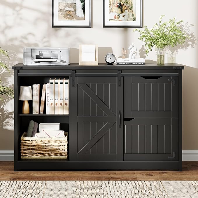 Halitaa 47.8” Farmhouse Lateral File Cabinet with Sliding Barn Door, 3 Drawers Filing Storage Cabinets with Adjustable Shelf, Office Printer Stand for Hanging Files Letter/Legal/A4/F4.Pure Black