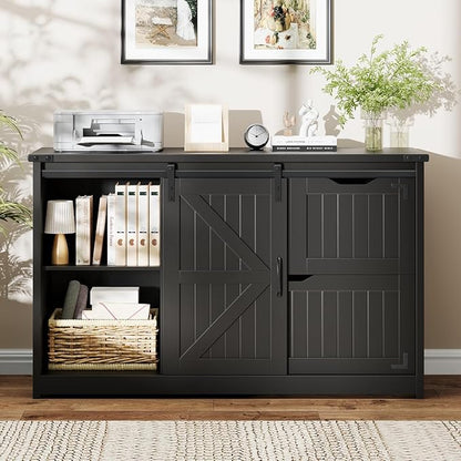 Halitaa 47.8” Farmhouse Lateral File Cabinet with Sliding Barn Door, 3 Drawers Filing Storage Cabinets with Adjustable Shelf, Office Printer Stand for Hanging Files Letter/Legal/A4/F4.Pure Black
