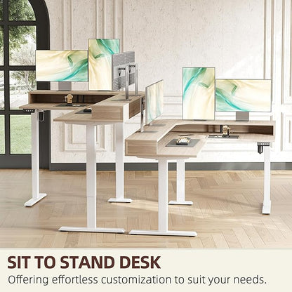 TIQLAB 63'' L-Shaped Standing Desk with LED Light Strip and Power Outlet, Height Adjustable Corner Table with Ergonomic Monitor Stand, Light Walnut