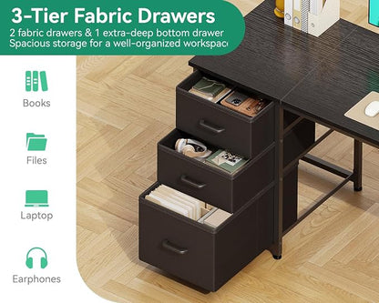 AODK 63 Inch Computer Desk with Drawers & USB Power Outlets, Reversible Home Office Desk with Storage Shelves, Work from Home, Modern Work/Writing/Study Table for Bedroom, Black