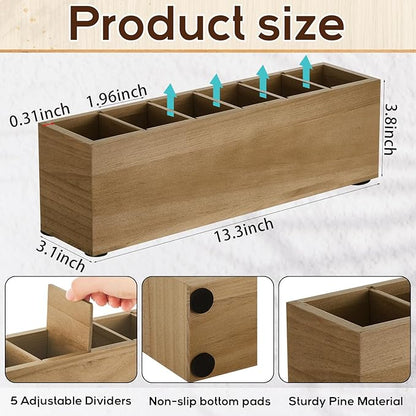 Jetec Wooden Pencil Pen Holder for Desk 6 Compartments Cosmetic Makeup Brush Stationery Office Desktop Organizers for Countertop Adjustable Silverware Caddy for Home and Party, Art Supplie(Wood Color)