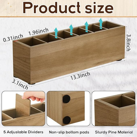 Jetec Wooden Pencil Pen Holder for Desk 6 Compartments Cosmetic Makeup Brush Stationery Office Desktop Organizers for Countertop Adjustable Silverware Caddy for Home and Party, Art Supplie(Wood Color)