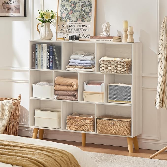LEYAOYAO 10 Cube Bookshelf,3 Tier Modern Wide Bookcase with Legs,Mid-Century Wood Bookshelves Storage,Light Grey White Large Book Case,Freestanding Organizer Display Shelf for Living Room,Office