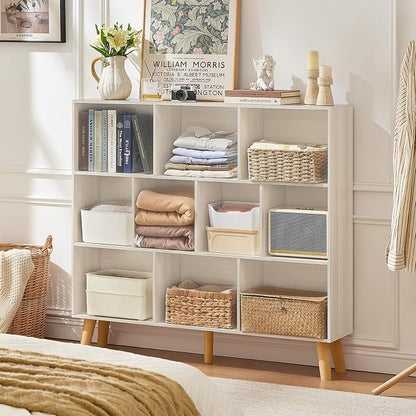 LEYAOYAO 10 Cube Bookshelf,3 Tier Modern Wide Bookcase with Legs,Mid-Century Wood Bookshelves Storage,Light Grey White Large Book Case,Freestanding Organizer Display Shelf for Living Room,Office
