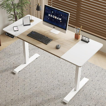 55 Inch Computer Desk with Power Outlets and USB Ports, Large Office Desk for Home Office, Modern Writing Table with Sturdy Frame