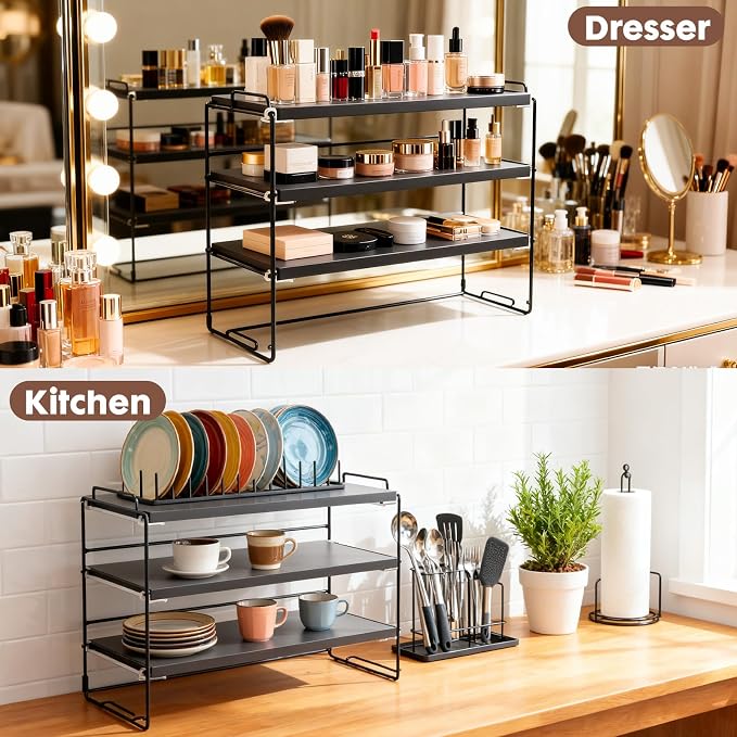 ShellKingdom Desk Shelf Organizer, 3 Tier Desktop Shelves, Adjustable Bookshelf Storage Rack and Office Cubicle Decor for Tabletop, School, Office, Dorm Organization (Black)