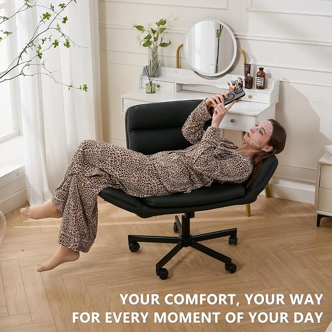 Criss Cross Chair with Flip-Up Arms & Swivel Wheels, Vanity Chair with Adjustable Height & Side Pockets, Comfortable Wide Seat Reclining Computer Office Desk Chairs for Home Office, Make Up, Bed Room