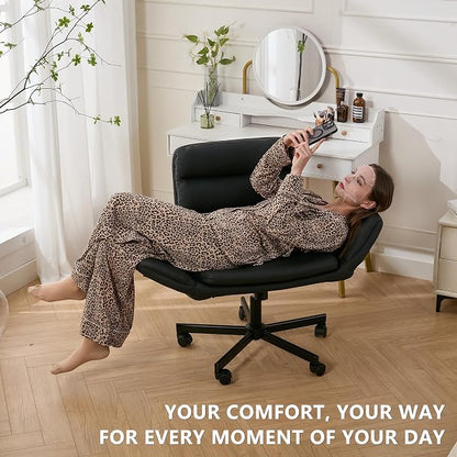 Criss Cross Chair with Flip-Up Arms & Swivel Wheels, Vanity Chair with Adjustable Height & Side Pockets, Comfortable Wide Seat Reclining Computer Office Desk Chairs for Home Office, Make Up, Bed Room