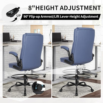 Misolant Drafting Chair with Footrest Ring, Tall Office Chair for Standing Desk, Standing Chair with Adjustable Height and Flip-up Armrest, PU Leather High
