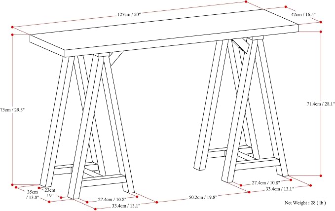 SIMPLIHOME Sawhorse Console Table - 50 Inch Wide Solid Wood Sofa Table in Dark Chestnut Brown, Modern Industrial Entryway Table for Living Room with Extra Thick Top and Sawhorse Legs