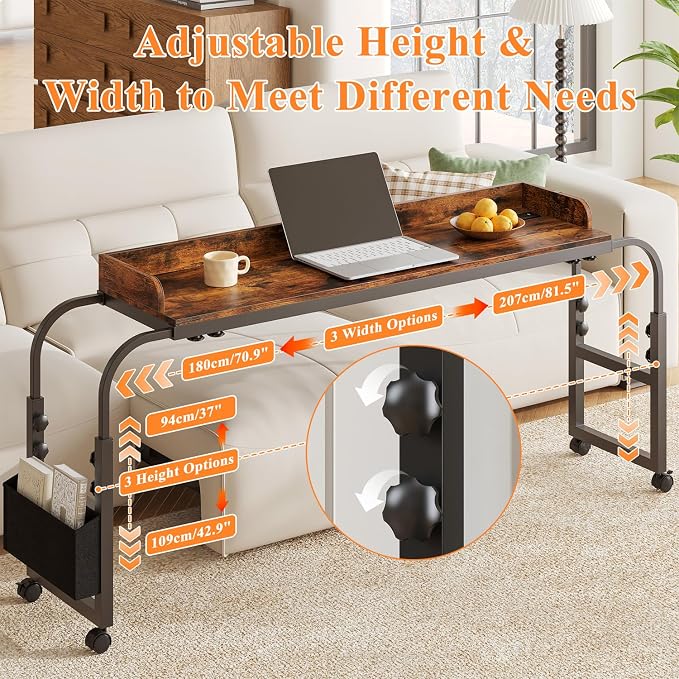 Winkalon Overbed Table with Wheels and Height Adjustable, Queen/Full Size Bed Table with Outlets & USB Ports, Mobile Laptop Cart Computer Desk with LED Light for Home Office (Rustic Brown)