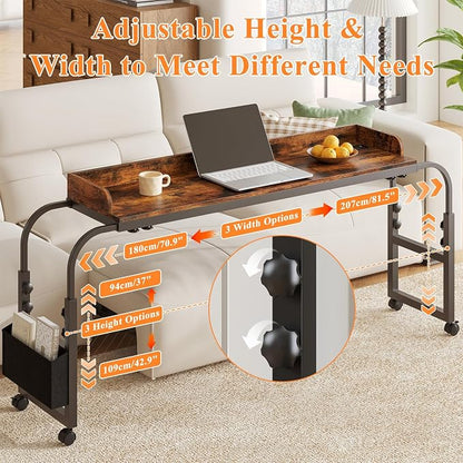 Winkalon Overbed Table with Wheels and Height Adjustable, Queen/Full Size Bed Table with Outlets & USB Ports, Mobile Laptop Cart Computer Desk with LED Light for Home Office (Rustic Brown)