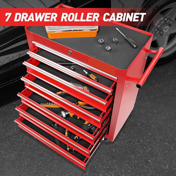 RYH 7 Drawers Rolling Tool Chest & Tool Box on Wheels | Heavy Duty Metal Cart with Ball Bearing Drawers | Fits US General Tool Box for Garage Storage (Red-6, 7 Drawers（29.6" H × 24.4" W × 13" D)