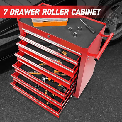 RYH 7 Drawers Rolling Tool Chest & Tool Box on Wheels | Heavy Duty Metal Cart with Ball Bearing Drawers | Fits US General Tool Box for Garage Storage (Red-6, 7 Drawers（29.6" H × 24.4" W × 13" D)