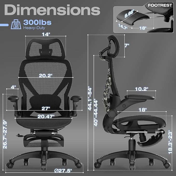 ELABEST X100 Ergonomic Mesh Office Chair with Footrest, Big and Tall Home Desk Chair with 5D Flip-Up Arms, Adjustable 3D Lumbar Support, Gaming & Executive Computer Chair, Night Reaper