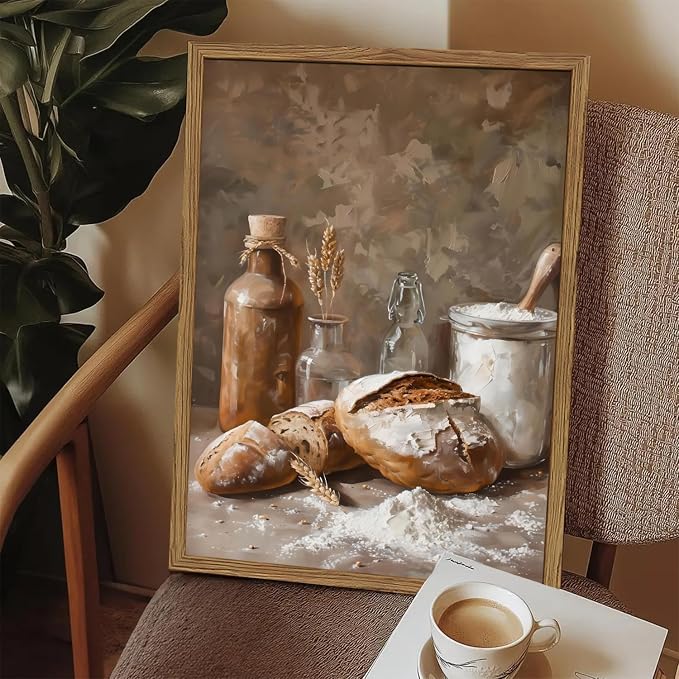 Framed Vintage Kitchen Wall Art, Rustic Bread and Flour Pictures Wall Decor Paintings, Farmhouse Food Poster Canvas Prints Country Home Decor for Dining Room Living Room Bakery 16x24 inch