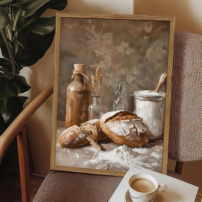 Framed Vintage Kitchen Wall Art, Rustic Bread and Flour Pictures Wall Decor Paintings, Farmhouse Food Poster Canvas Prints Country Home Decor for Dining Room Living Room Bakery 16x24 inch