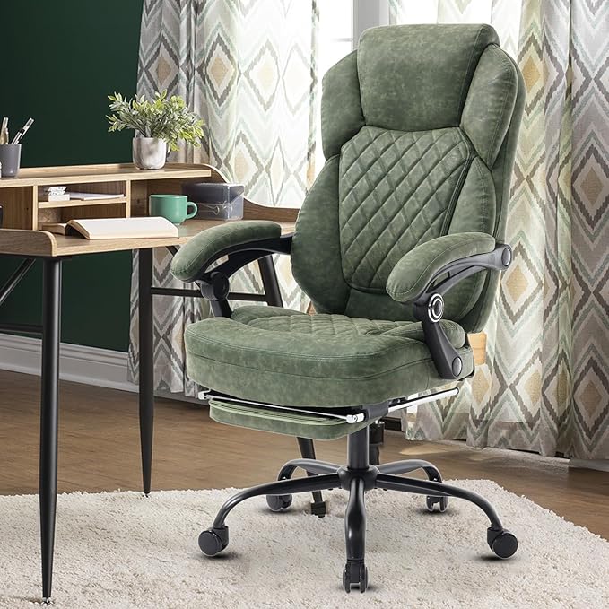 400lbs Reclining Office Desk Chair with Footrest, Mid-Century Modern Plus Size Green Leather Recliner Office Chairs