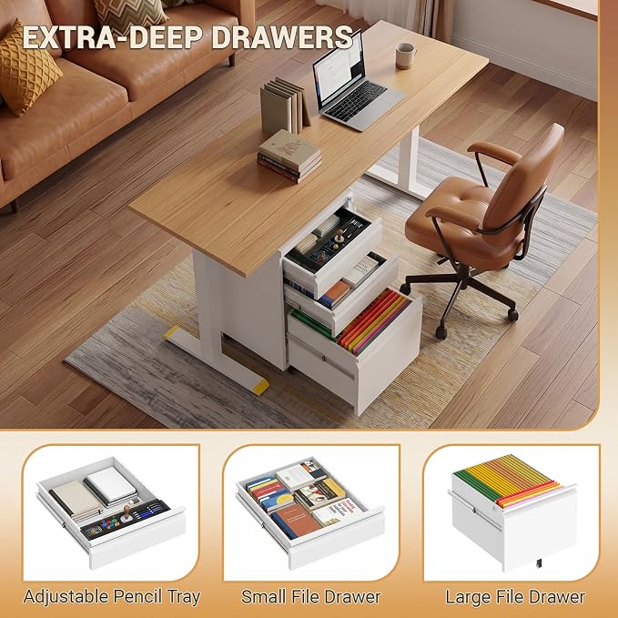 3 Drawer Under Desk Storage,Small File Cabinet with Lock,Filing Cabinet for Home Office,Mobile Metal Drawer Organizer for Letter/Legal/A4,Fully Assembled,White